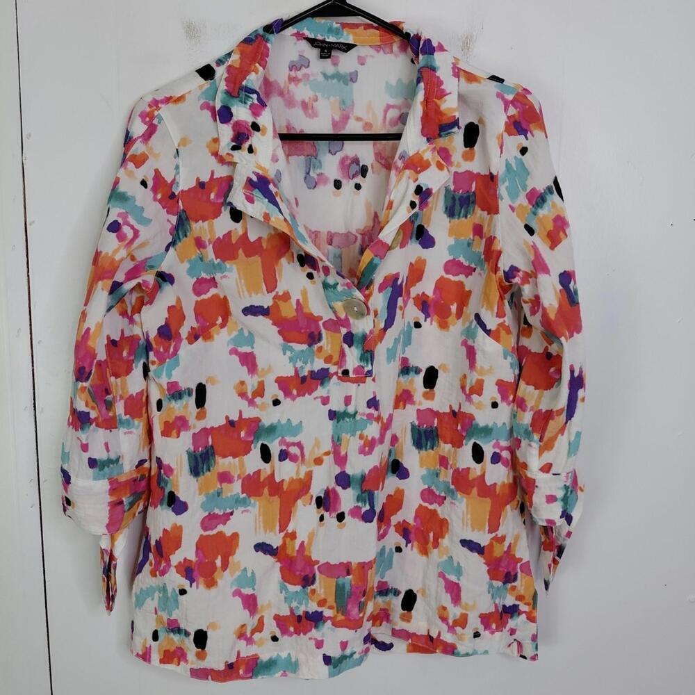 John Mark Top Womens Small Popover Watercolor Artsy Abstract Long Sleeve